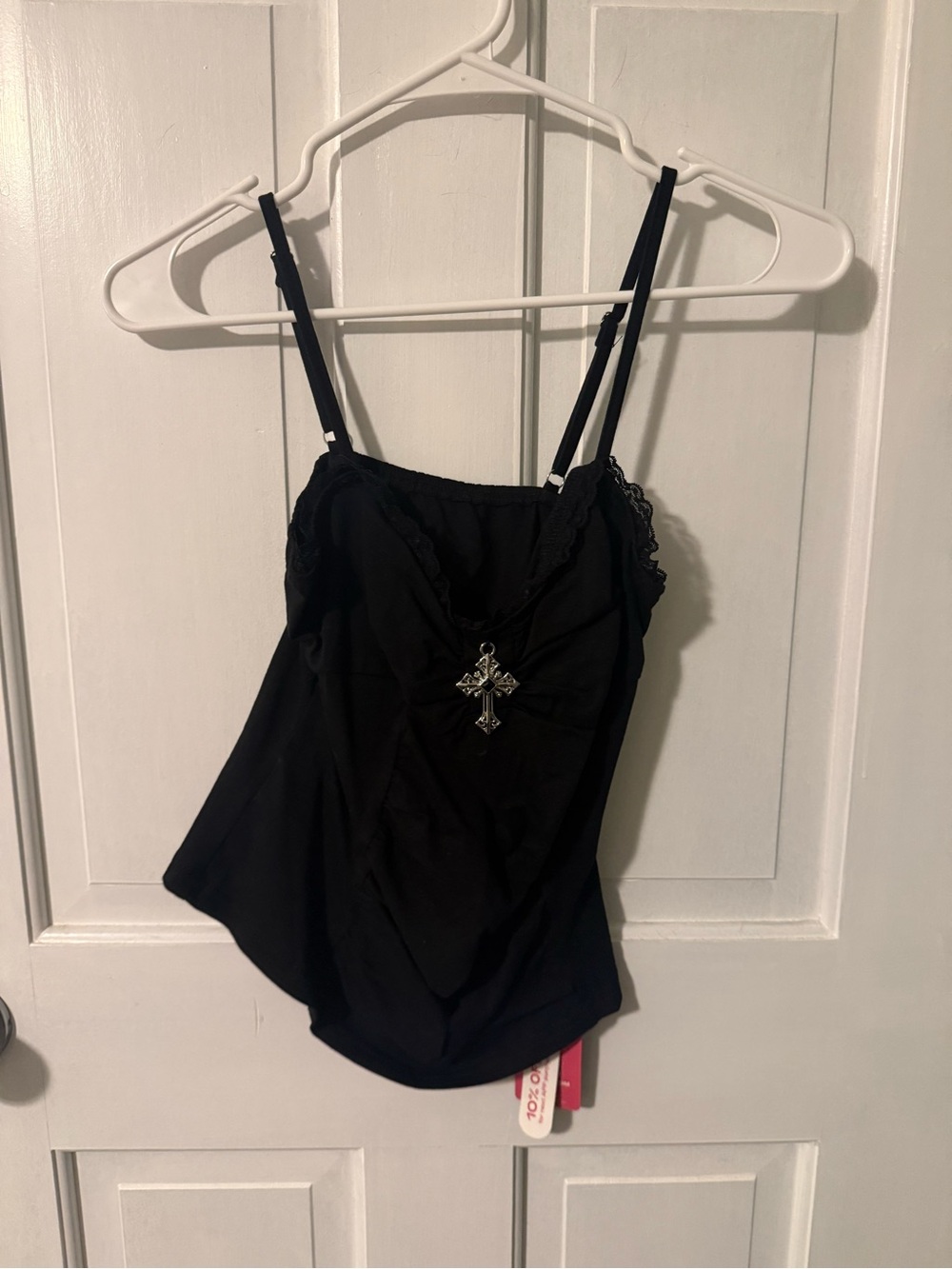 ROMWE Black Lace-Trim Cami with Cross Charm